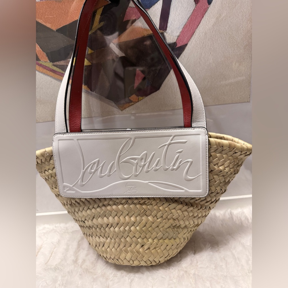 Christian Louboutin White Leather & Natural Straw Tote with Red Trim